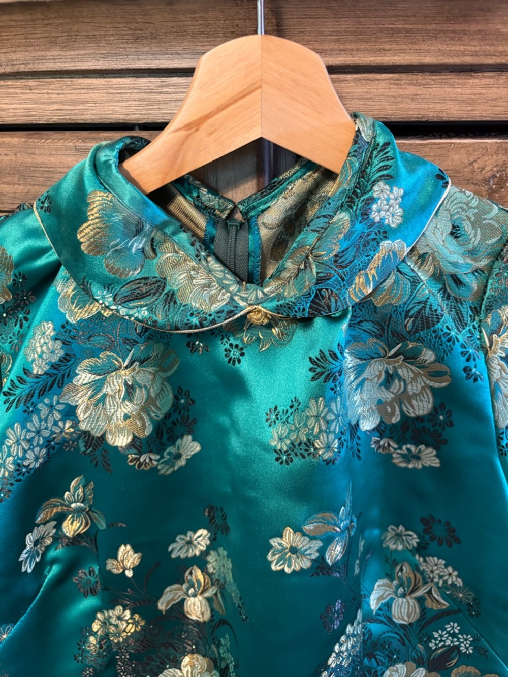 Handmade Teal Brocade Cheongsam Dress | Size 6 | 52” L | Mandarin Collar Formal - Picture 6 of 9